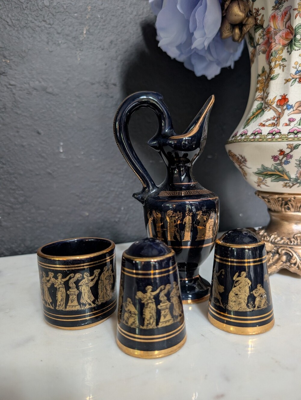 Vintage ,set of 4, black gold hand-painted Greek mythology, 24K gold